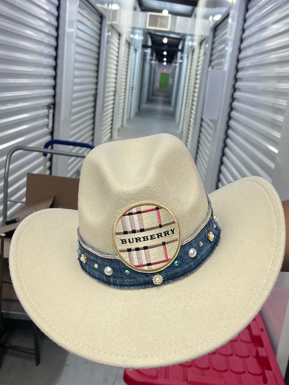 Custom Made Cream Wool Cowboy Hat with Plaid Badge and Denim Band
